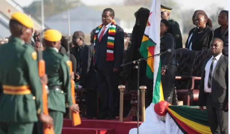 Zimbabwean President Emmerson Mnangagwa at the funeral of his predecessor, Robert Mugabe. EPA-EFE/Aaron Ufumeli